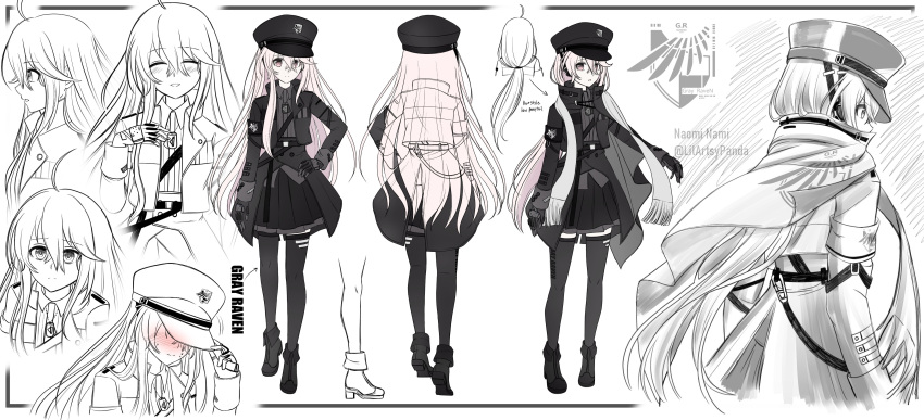 1girl absurdres artist_name black_hat black_jacket black_shirt black_skirt black_thighhighs cape commandant_(punishing:_gray_raven) dog_tags greyscale hair_between_eyes hat highres jacket long_hair long_sleeves military_hat military_jacket military_uniform monochrome naomi_nami partially_colored peaked_cap pink_eyes pink_hair pleated_skirt punishing:_gray_raven scarf shirt sidelocks skirt thighhighs twitter_username uniform