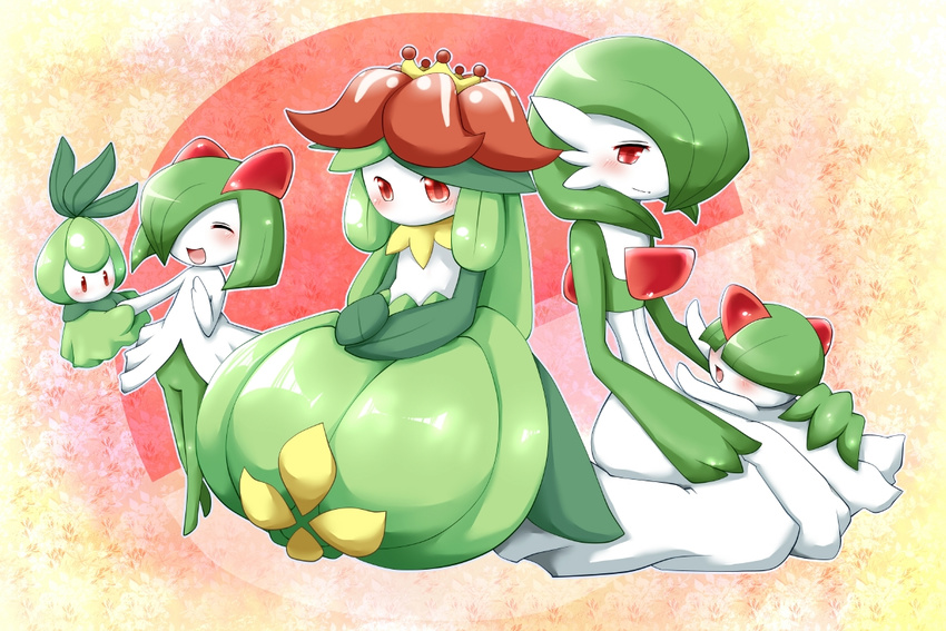 gardevoir gen_3_pokemon gen_5_pokemon kirlia lilligant no_humans petilil pokemon pokemon_(creature) ralts red_eyes sitting smile yu_yun