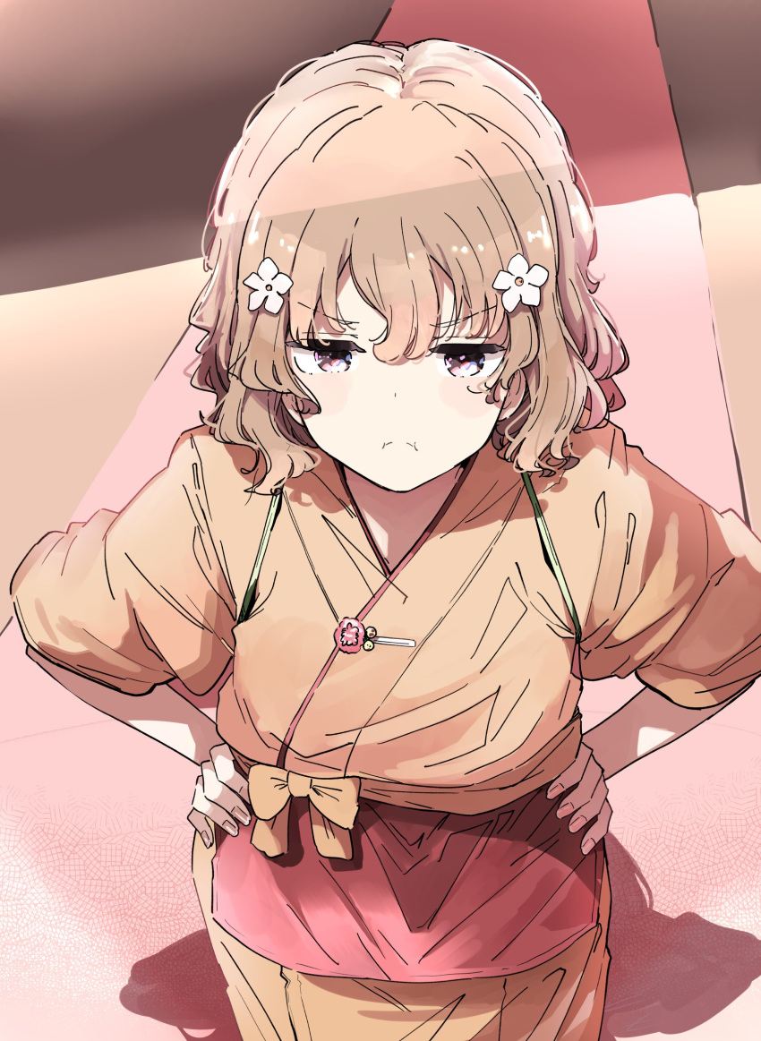 :i apron flower hair_flower hair_ornament hanasaku_iroha highres japanese_clothes kimono light_brown_hair looking_at_viewer matsumae_ohana medium_hair nakai_(waitress) nyoijizai orange_kimono red_eyes tasuki v-shaped_eyebrows waist_apron wavy_hair