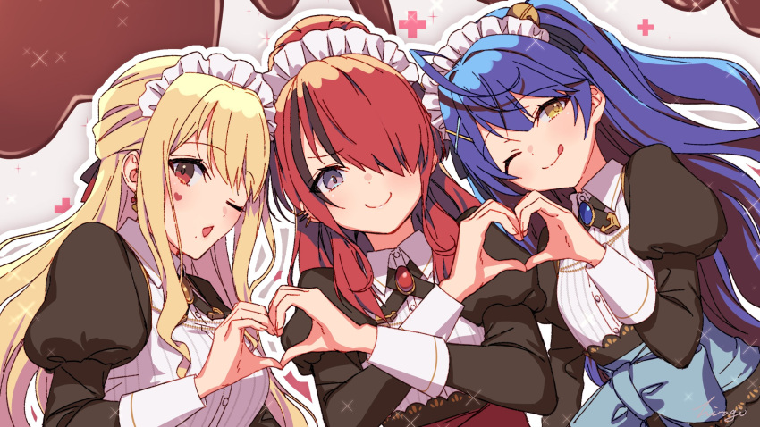 3girls ahoge amamiya_kokoro arm_at_side bell black_dress black_hair black_ribbon blonde_hair blue_gemstone blue_hair blue_sash breasts closed_mouth collared_vest cross_tie dress earrings facial_tattoo gem hair_bell hair_ornament hair_over_one_eye hair_ribbon hairband hairpin hand_up hands_up heart heart_hands heart_hands_duo heart_hands_duo_chain heart_tattoo highres hiiragi_(karashriker) jewelry jingle_bell juliet_sleeves lain_paterson long_hair long_sleeves looking_at_viewer luis_cammy maid maid_headdress medium_breasts mole mole_under_mouth multicolored_hair multiple_girls nijisanji nijisanji_en one_eye_covered open_mouth puffy_sleeves purple_eyes red_eyes red_gemstone red_hair red_ribbon red_sash ribbon sash sidelocks signature sleeve_cuffs smile streaked_hair striped_clothes striped_vest tattoo tongue tongue_out upper_body vest virtual_youtuber white_hairband white_vest yellow_eyes yellow_gemstone