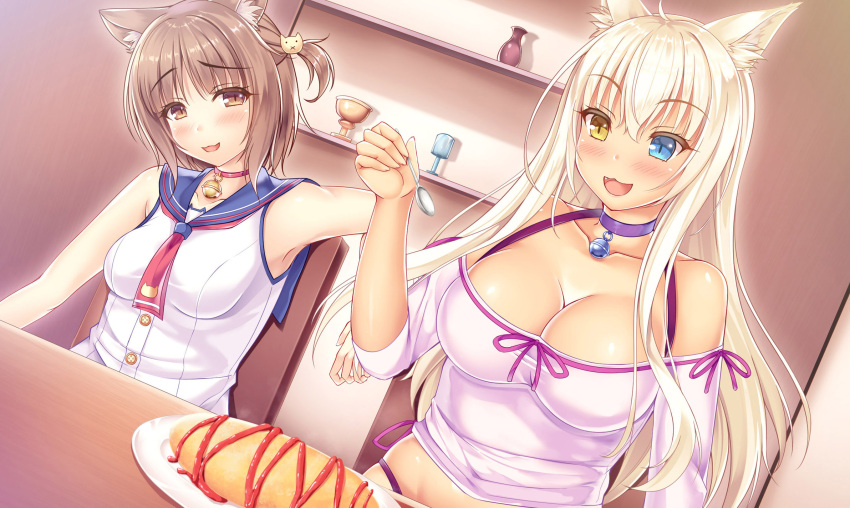 2girls :3 :d ahoge animal_ear_fluff animal_ears arm_at_side azuki_(nekopara) bare_arms bare_shoulders bell blonde_hair blue_eyes blue_sailor_collar blush breasts brown_eyes brown_hair cat_ears cat_girl cat_hair_ornament choker cleavage coconut_(nekopara) collarbone colored_eyelashes commentary_request dark-skinned_female dark_skin dutch_angle eyelashes eyes_visible_through_hair fang floating_hair food fork furrowed_brow hair_between_eyes hair_ornament hand_up happy heterochromia highres holding holding_fork indoors jingle_bell large_breasts long_hair long_sleeves looking_at_another looking_at_food looking_down medium_breasts multiple_girls neckerchief nekopara off-shoulder_shirt off_shoulder omelet omurice open_mouth purple_choker purple_shirt red_choker red_neckerchief sailor_collar shirt short_hair shrimp_3 sidelocks sitting sleeveless sleeveless_shirt slit_pupils smile straight_hair two_side_up upper_body very_long_hair white_shirt yellow_eyes