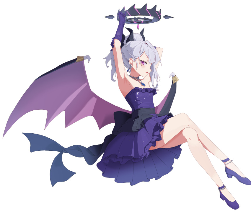 1girl absurdres armpits arms_up ass back_bow black_bow blue_archive blue_gemstone bow breasts crossed_legs demon_horns demon_wings dress gem gloves grey_hair halo high_heels highres hina_(blue_archive) hina_(dress)_(blue_archive) horns invisible_chair jewelry looking_at_viewer low_wings mahou_gnome medium_hair multiple_horns necklace official_alternate_costume pendant purple_dress purple_eyes purple_footwear purple_gloves ringed_eyes simple_background single_sidelock sitting small_breasts solo strapless strapless_dress white_background wings