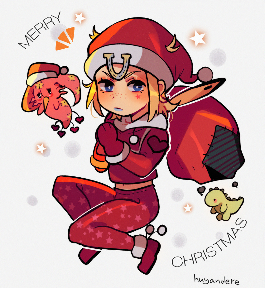 1boy absurdres artist_name blonde_hair blue_eyes commentary dinosaur english_commentary facial_mark freckles frown gloves hat highres holding holding_sack hood hoodie horseshoe huyandere johnny_joestar jojo_no_kimyou_na_bouken male_focus merry_christmas pants red_gloves red_hoodie red_pants sack santa_hat signature star_(symbol) star_print steel_ball_run tusk_(stand) tusk_act1