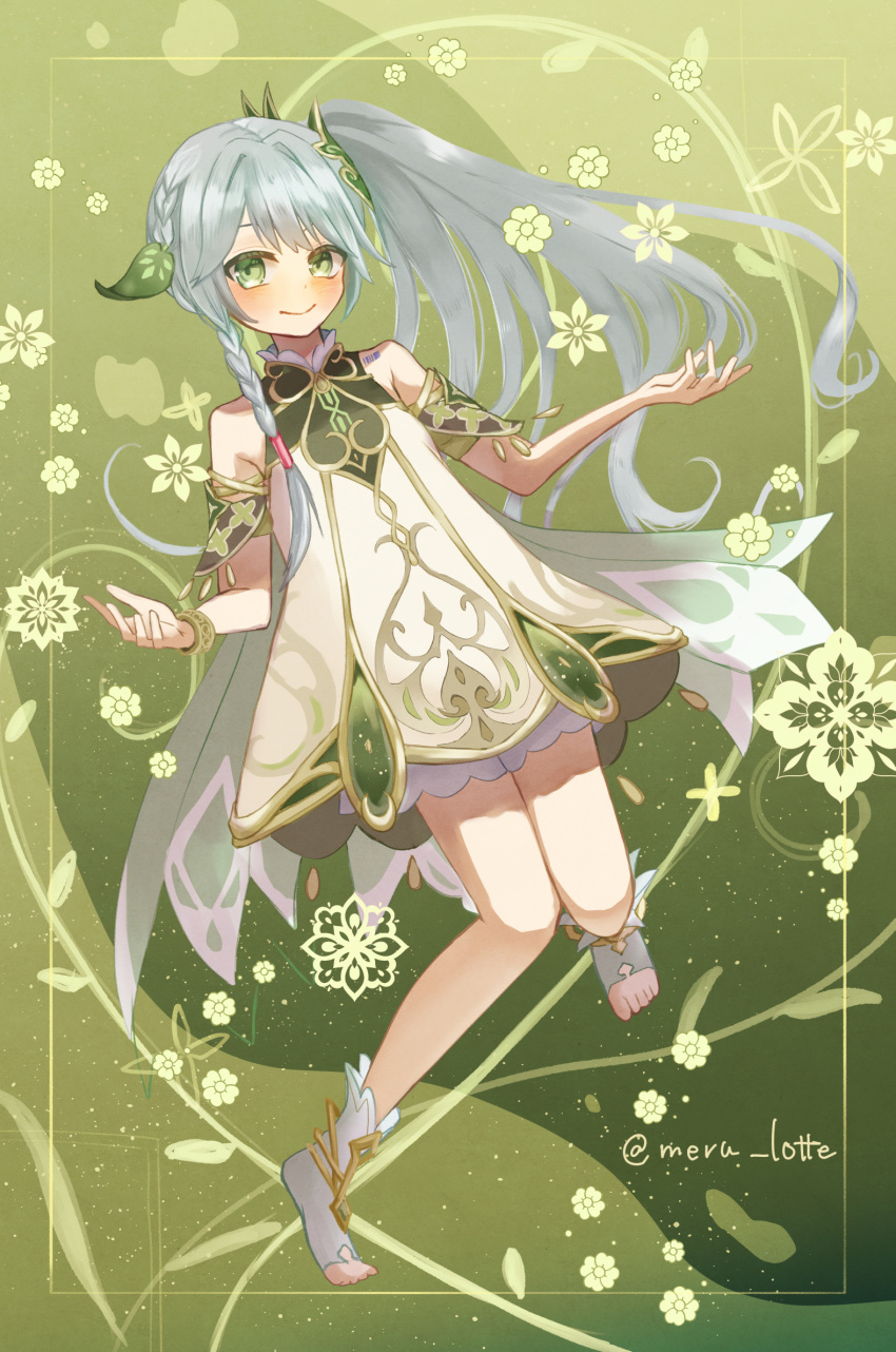 1girl cape dress genshin_impact green_cape green_eyes green_sleeves hair_ornament highres leaf_hair_ornament meru_lotte nahida_(genshin_impact) side_ponytail solo stirrup_footwear stirrup_legwear toeless_footwear toeless_legwear white_dress white_hair