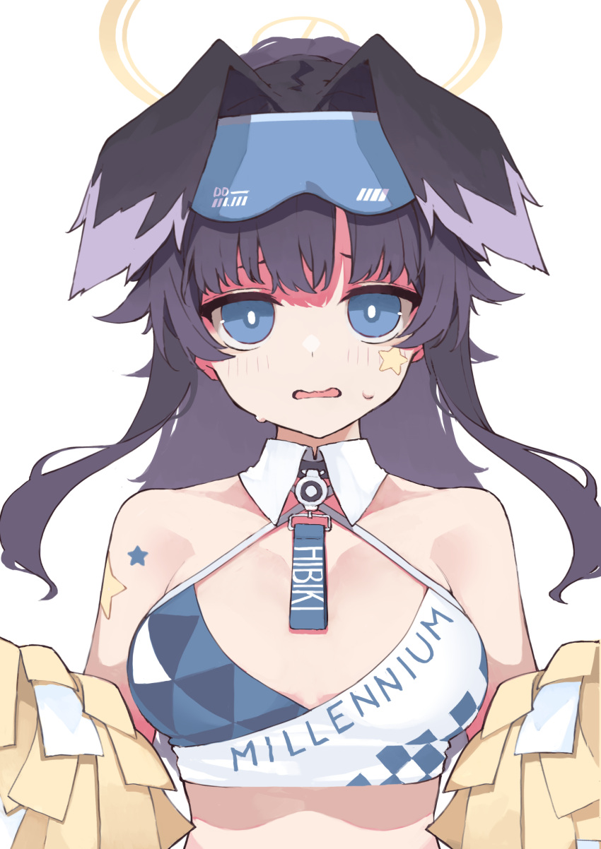 1girl animal_ears bare_shoulders black_hair blonde_hair blue_archive blue_eyes breasts breasts_apart bright_pupils cheerleader collarbone dog_ears extra_ears eyewear_on_head facial_mark hibiki_(blue_archive) hibiki_(cheer_squad)_(blue_archive) highres loah_66 long_hair looking_at_viewer midriff official_alternate_costume open_mouth pom_pom_(cheerleading) ponytail simple_background solo star_(symbol) star_facial_mark sweat wavy_mouth white_background