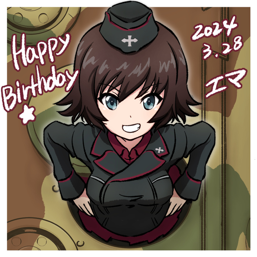 1girl black_hat black_jacket blue_eyes camouflage character_name commentary dated dress_shirt ehirorotoon english_text from_above garrison_cap girls_und_panzer grin hands_on_own_hips happy_birthday hat hida_ema highres insignia jacket kuromorimine_military_uniform long_sleeves looking_at_viewer maus_(tank) military_hat military_uniform military_vehicle motor_vehicle red_shirt shirt short_hair smile solo star_(symbol) tank translated uniform wing_collar