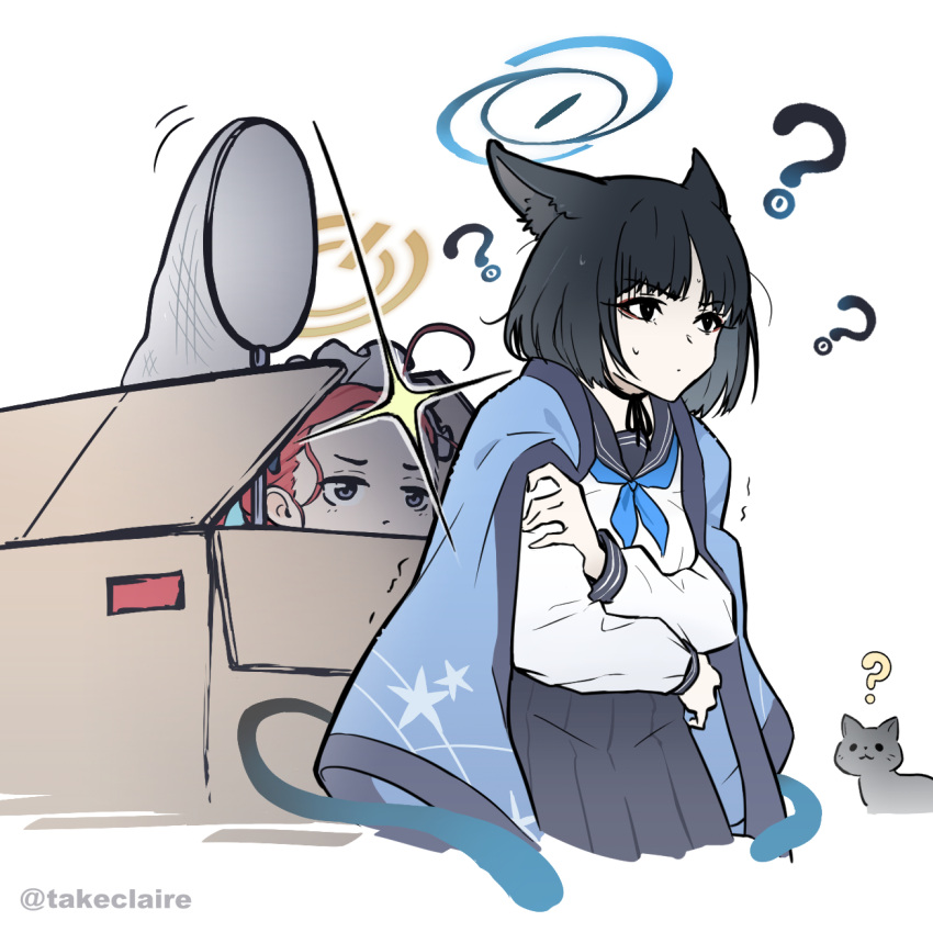 2girls ? ahoge animal_ears apron black_choker black_eyes black_hair blue_archive blue_eyes blue_neckerchief blue_sailor_collar blue_skirt box cardboard_box cat cat_ears cat_tail choker cropped_torso crossed_arms eyeshadow gloom_(expression) halo haori highres japanese_clothes kikyou_(blue_archive) long_sleeves loose_hair_strand maid_apron makeup multiple_girls multiple_tails neckerchief net orange_hair pleated_skirt red_eyeshadow ribbon_choker sailor_collar shiny_forehead short_hair simple_background skirt small_sweatdrop sneaking tail takeclaire trembling twitter_username two_tails white_background yuzu_(blue_archive) yuzu_(maid)_(blue_archive)