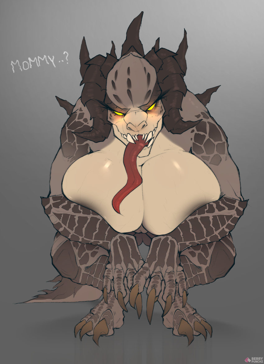 absurd_res anthro areola areola_slip bedroom_eyes berrypunchz bethesda_softworks big_breasts breast_squish breasts butt claws deathclaw deep_cleavage dialogue fallout female genitals glistening glistening_body glowing glowing_eyes hi_res horn huge_breasts long_tongue narrowed_eyes pussy scalie seductive sharp_teeth solo squish suggestive_look teeth text tongue tongue_out