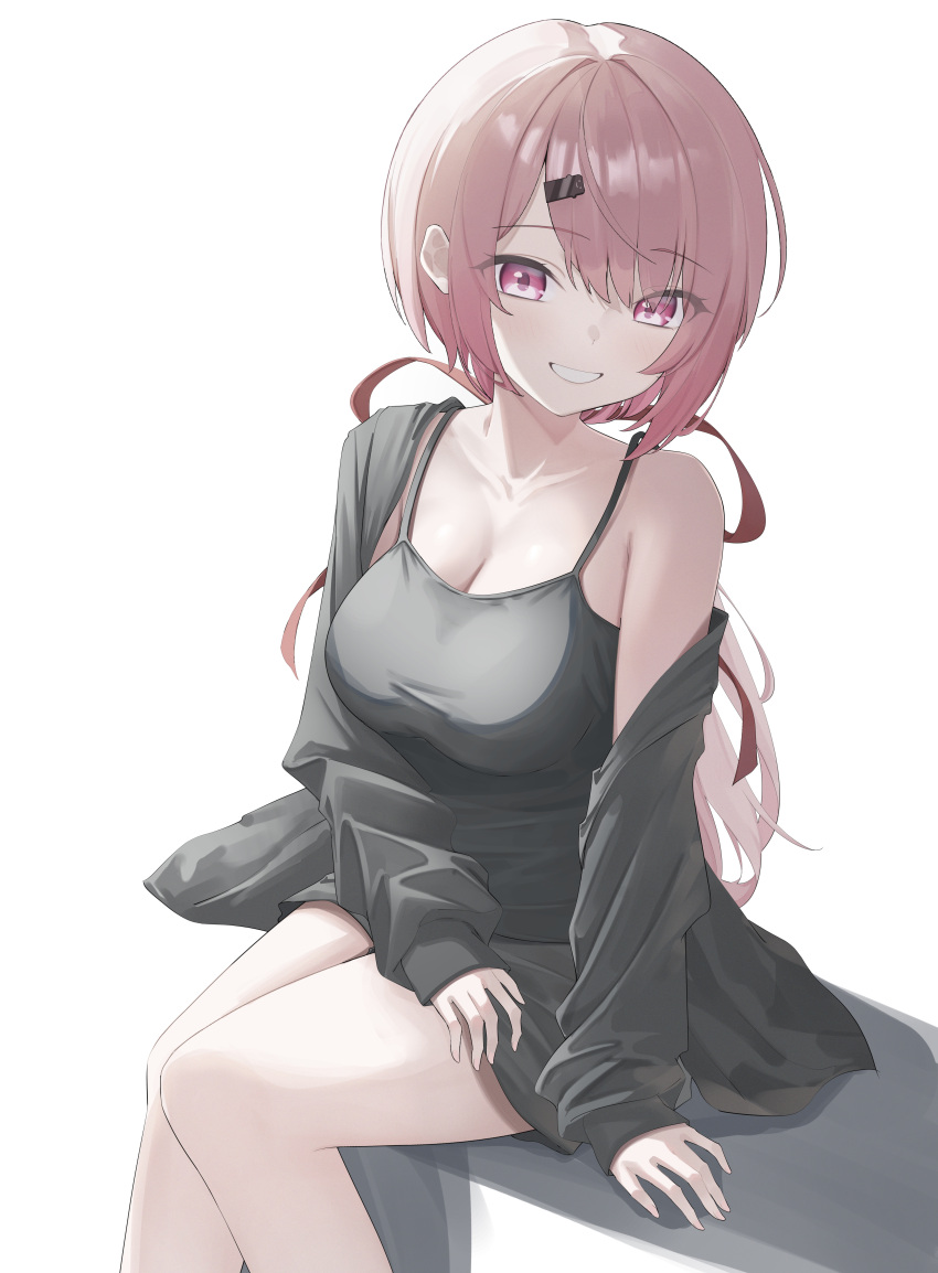 1girl absurdres akane_(tgixb) black_camisole black_shirt black_skirt breasts camisole cleavage grin hair_ornament hair_ribbon hairclip highres large_breasts long_hair long_sleeves looking_at_viewer loungewear low_ponytail miniskirt nijisanji off_shoulder pink_eyes pink_hair red_ribbon ribbon shiina_yuika shirt simple_background single_bare_shoulder sitting skirt smile solo very_long_hair virtual_youtuber white_background