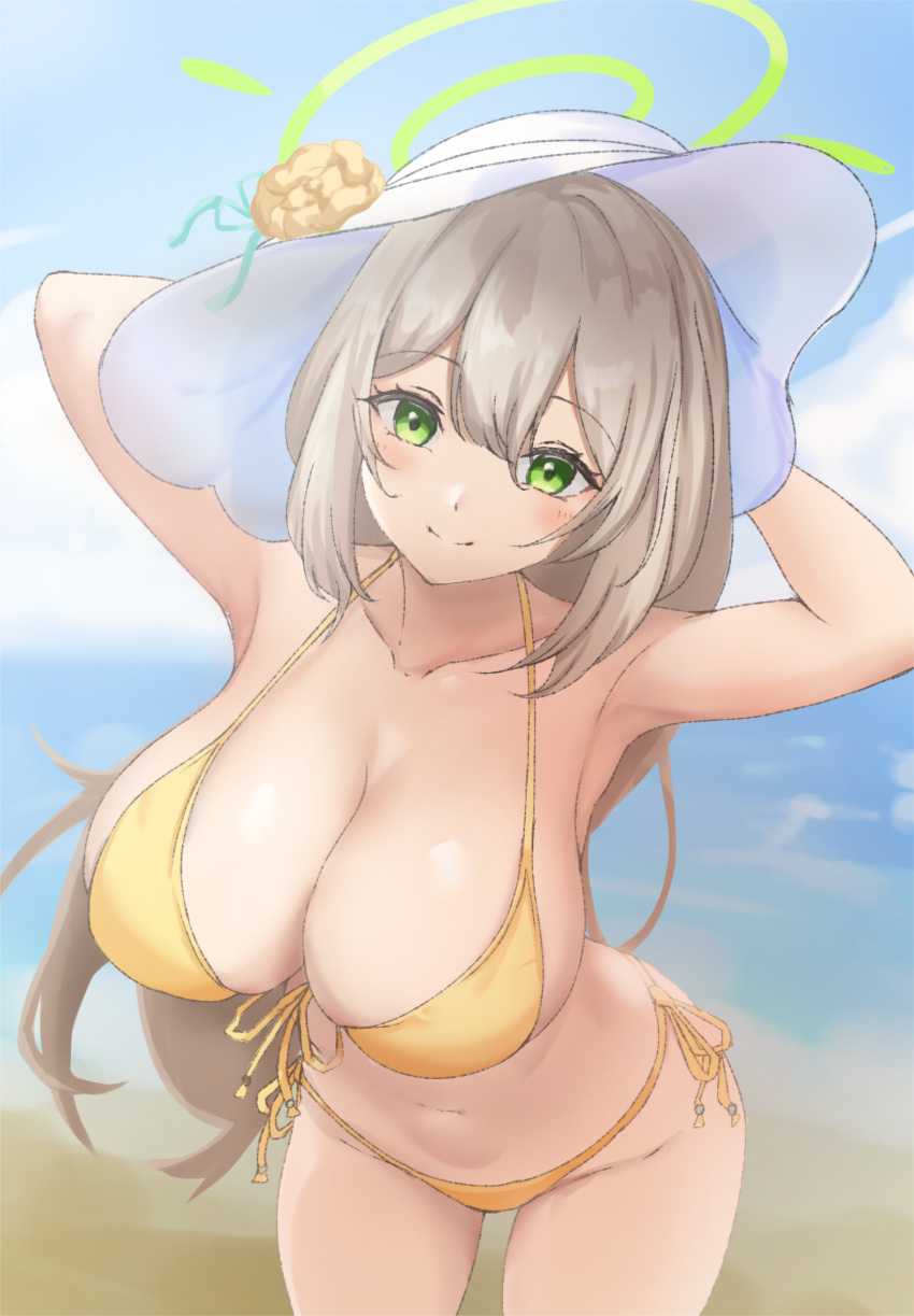 1girl armpits arms_up bikini blue_archive blue_background blush breasts collarbone commentary_request cowboy_shot green_eyes grey_hair groin hat highres large_breasts long_hair looking_at_viewer mameppu navel nonomi_(blue_archive) smile solo standing stomach sun_hat swimsuit thighs very_long_hair white_hat yellow_bikini