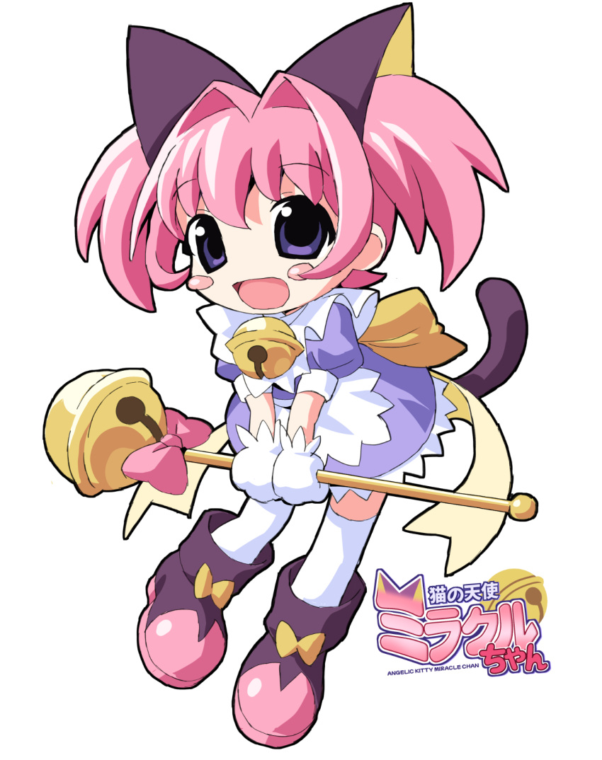 1girl animal_ears bell blush_stickers boots bow cat_ears cat_girl cat_tail colinarmis commentary dress full_body highres holding holding_scepter jingle_bell logo miracle-chan neck_bell open_mouth original pink_hair purple_dress purple_eyes scepter short_dress smile solo tail twintails yellow_bow