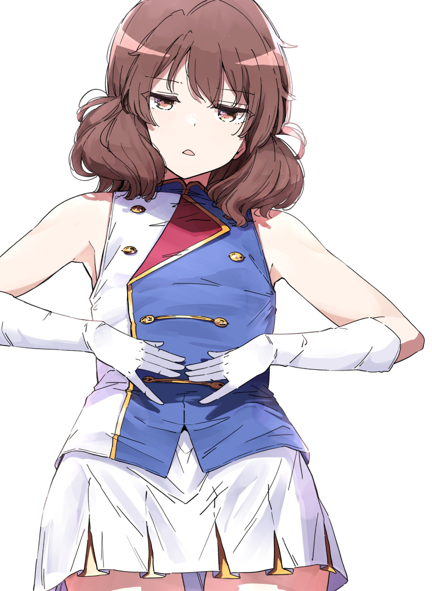 1girl band_uniform brown_hair commentary_request gloves hands_on_own_stomach hibike!_euphonium highres medium_hair nyoijizai open_mouth oumae_kumiko pleated_skirt skirt solo triangle_mouth white_gloves white_skirt