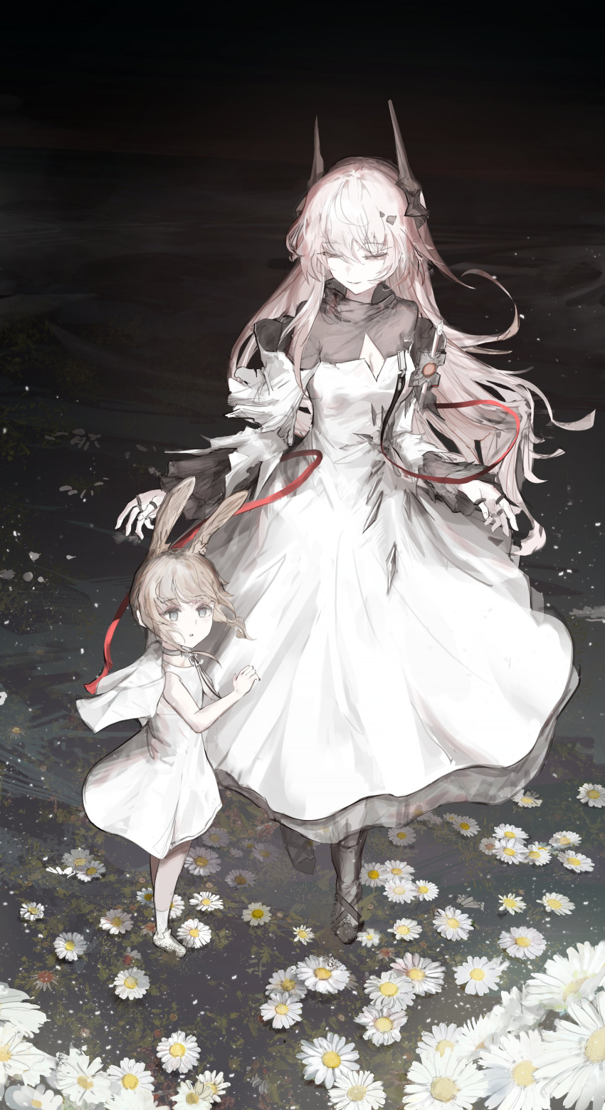 2girls absurdres amiya_(arknights) animal_ears arknights black_footwear boots breasts brown_hair child cleavage cleavage_cutout clothing_cutout demon_girl demon_horns dress flower full_body grey_eyes hair_between_eyes highres horns jewelry long_dress long_hair long_sleeves looking_at_another looking_down looking_up medium_breasts medium_hair multiple_girls multiple_rings nueegochi pink_hair rabbit_ears ring shoes sleeveless sleeveless_dress socks theresa_(arknights) two-tone_dress white_dress white_footwear white_socks