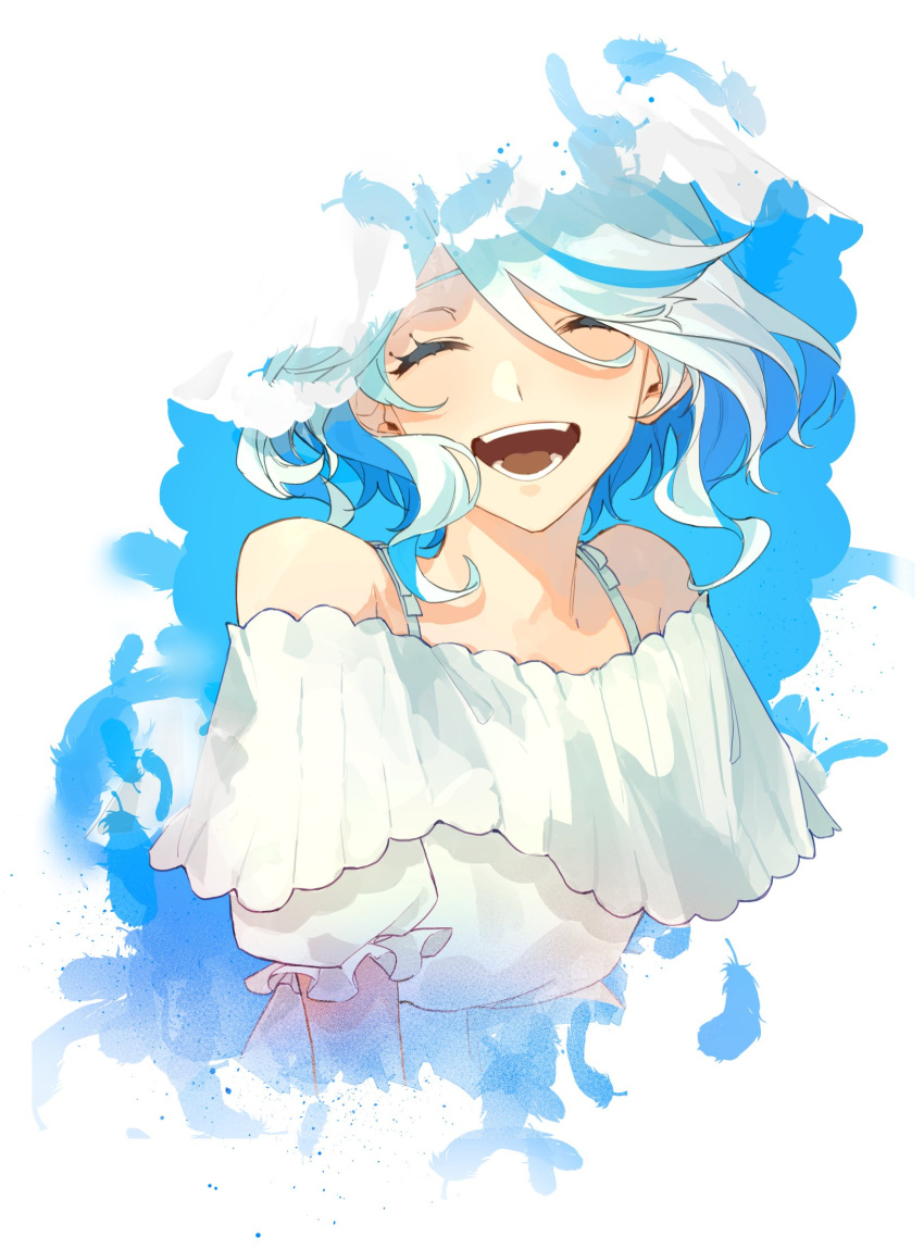 16_taiji 1girl alternate_costume blue_hair casual closed_mouth dress facing_viewer furina_(genshin_impact) genshin_impact happy highres multicolored_hair off-shoulder_dress off_shoulder open_mouth short_hair short_sleeves solo streaked_hair teeth upper_body wavy_hair white_background white_dress white_hair