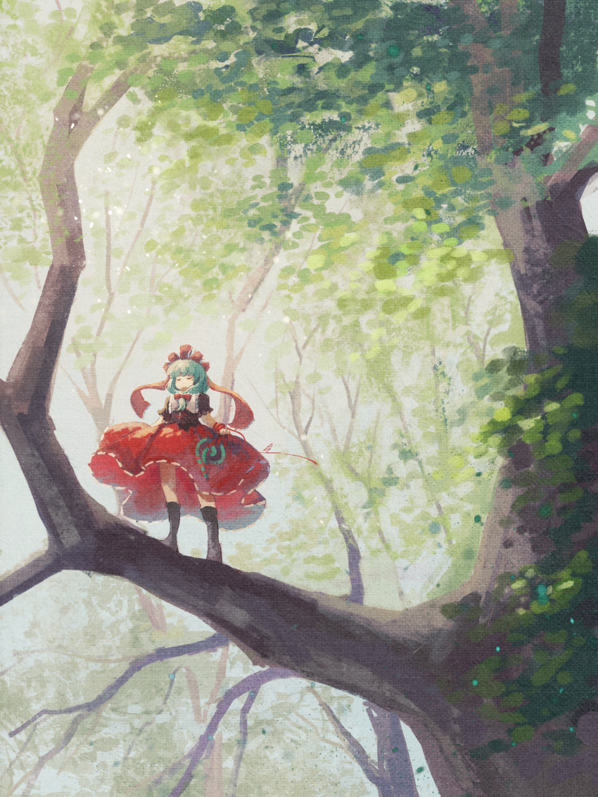 1girl arm_ribbon black_footwear boots closed_eyes commentary day dress front_ponytail ge_dazuo green_hair hair_ribbon highres kagiyama_hina knee_boots long_hair nature on_tree outdoors red_dress red_ribbon ribbon short_sleeves signature skirt_hold solo standing touhou tree wide_shot