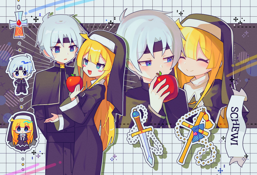 1boy 1girl absurdres blonde_hair blue_eyes blush closed_eyes closed_mouth grey_hair headband highres long_hair looking_at_another nun offbeat open_mouth puyopuyo schezo_wegey short_hair smile witch_(puyopuyo)