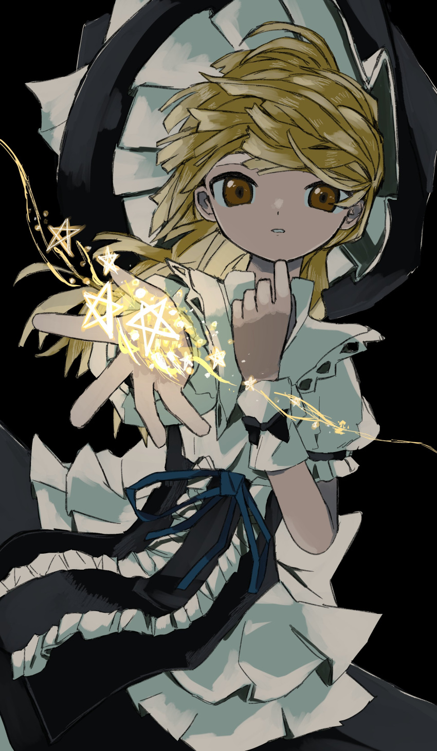 1girl absurdres black_background black_dress black_hat blonde_hair blue_ribbon dress frilled_dress frills highres kirisame_marisa long_hair looking_at_viewer magic neruzou parted_lips puffy_short_sleeves puffy_sleeves reaching reaching_towards_viewer ribbon short_sleeves solo star_(symbol) touhou upper_body wrist_cuffs yellow_eyes