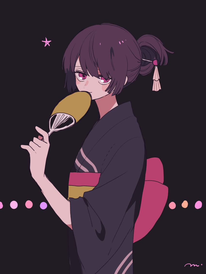 1girl blush_stickers from_side hair_bun hair_ornament hair_stick hand_fan highres holding holding_fan japanese_clothes kimono looking_at_viewer maco22 obi original paper_fan pink_eyes purple_hair sash smile solo uchiwa