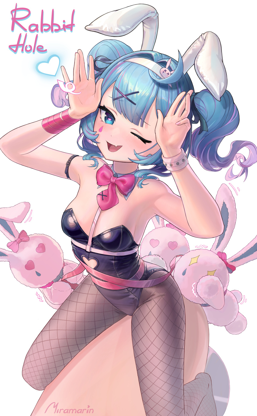 1girl absurdres animal_ears aqua_eyes aqua_hair blue_eyes blue_hair blush breasts fake_animal_ears hair_ornament hatsune_miku heart highres looking_at_viewer miramarin open_mouth playboy_bunny rabbit_ears rabbit_hole_(vocaloid) smile twintails vocaloid