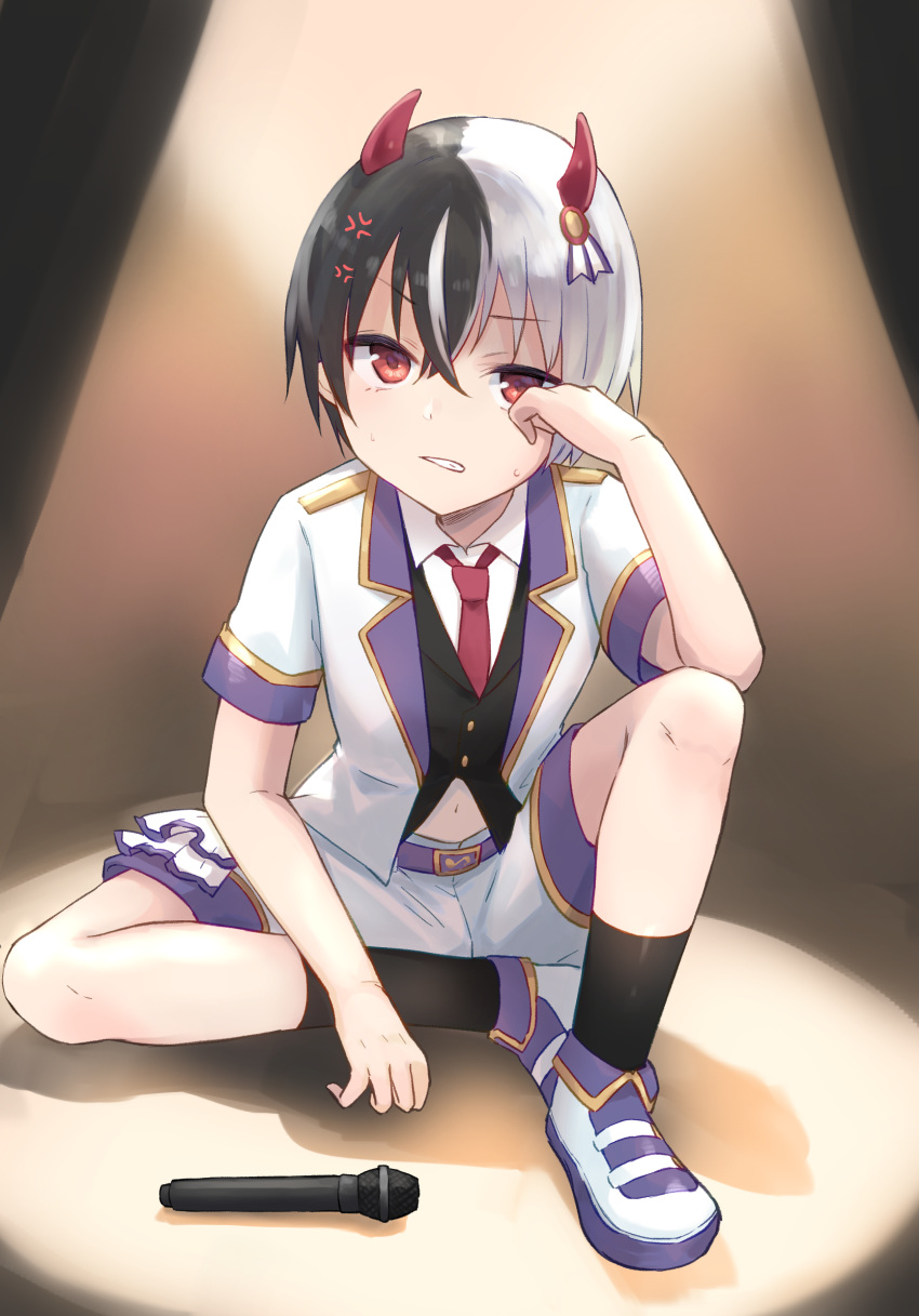 1boy anger_vein belt black_hair black_socks black_vest clenched_teeth collared_shirt commentary_request demon_horns full_body grey_hair gucchiann hair_between_eyes hand_up highres horns jacket kariza_(princess_connect!) knee_up looking_at_viewer male_focus microphone multicolored_hair necktie open_clothes open_jacket princess_connect! purple_belt red_eyes red_necktie shirt shoes short_sleeves shorts sitting socks solo streaked_hair sweat teeth two-tone_hair vest white_footwear white_jacket white_shirt white_shorts