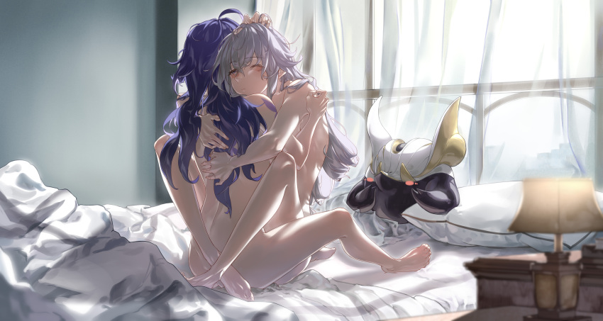 2girls absurdres blush bronya_rand chinese_commentary closed_mouth commentary_request completely_nude curtains full_body grey_hair hand_on_another's_shoulder hands_on_another's_back highres holding_own_arm honkai:_star_rail honkai_(series) indoors lamp leg_lock long_hair multiple_girls nude numby_(honkai:_star_rail) on_bed one_eye_closed purple_hair seele_(honkai:_star_rail) sitting tribadism trotter_(honkai:_star_rail) window yuri zhong_er_bing