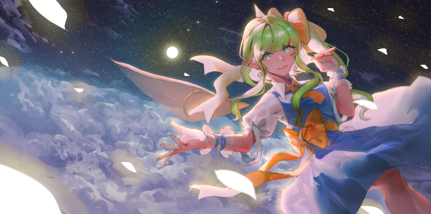 1girl above_clouds absurdres blue_dress bow cloud commentary_request daiyousei dress earrings fairy_wings feet_out_of_frame green_eyes green_hair hair_bow hand_up highres jewelry long_hair looking_at_viewer luan_ib necktie night night_sky orange_bow orange_necktie pointy_ears short_sleeves sky smile solo star_(sky) starry_sky touhou waist_bow wings wrist_cuffs