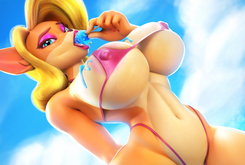 3d_(artwork) activision anthro bandicoot big_breasts bikini blonde_hair blue_eyes breasts clothing cloud crash_bandicoot_(series) dessert detailed_background digital_media_(artwork) eating_ice_cream female food gesture hair hand_gesture hi_res ice_cream ice_cream_on_breasts long_hair looking_at_viewer makeup mammal marsupial midriff multicolored_body navel nipple_outline outside pink_bikini pink_clothing pink_swimwear portrait sala3dart sky solo standing suggestive suggestive_eating swimwear tawna_bandicoot three-quarter_portrait three-quarter_view under_boob