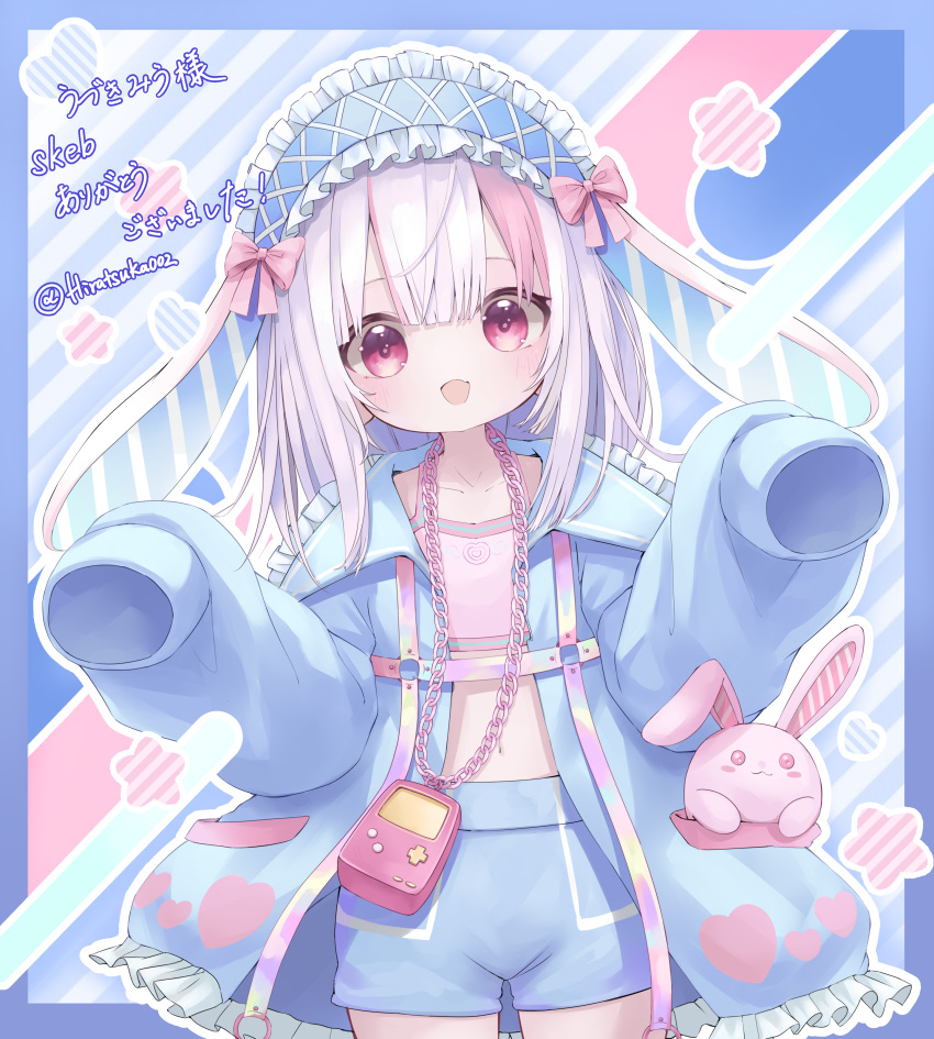 1girl :d absurdres animal_ears bow child grey_hair hair_bow highres hiratsuka_nichoume multicolored_hair open_mouth original pink_bow pink_hair rabbit rabbit_ears red_eyes sleeves_past_fingers sleeves_past_wrists smile uzuki_miu very_long_sleeves virtual_youtuber white_hair