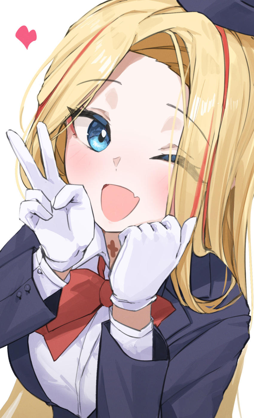 1girl ;d bag_(chrko_bag) black_suit blonde_hair blue_archive blue_eyes blush bow bowtie collared_shirt fang garrison_cap gloves guide halo hands_up hat heart highres long_sleeves multicolored_hair one_eye_closed pencil_skirt pina_(blue_archive) pina_(guide)_(blue_archive) red_bow red_bowtie red_halo shirt simple_background skin_fang skirt smile solo streaked_hair suit tour_guide upper_body v white_background white_gloves white_shirt