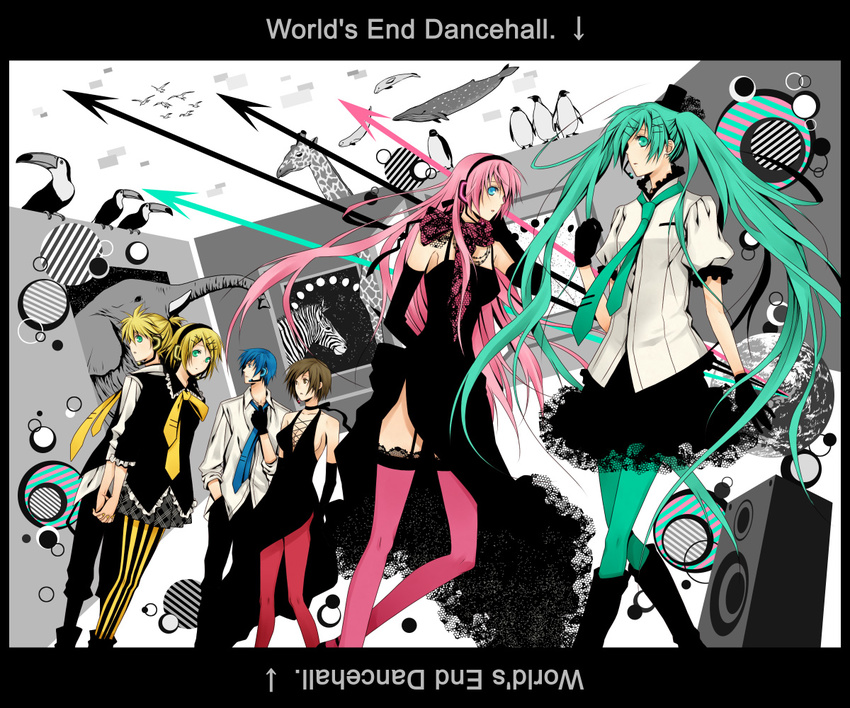 4girls aqua_eyes aqua_hair blonde_hair blue_eyes blue_hair boots brown_eyes brown_hair dress elbow_gloves gloves green_legwear hair_ornament hairclip hatsune_miku kagamine_len kagamine_rin kaito long_hair megurine_luka meiko multiple_boys multiple_girls necktie pantyhose pink_hair pink_legwear red_legwear short_hair skirt striped striped_legwear thighhighs twintails vertical-striped_legwear vertical_stripes very_long_hair vocaloid world's_end_dancehall_(vocaloid) yellow_legwear yuuno_(yukioka)