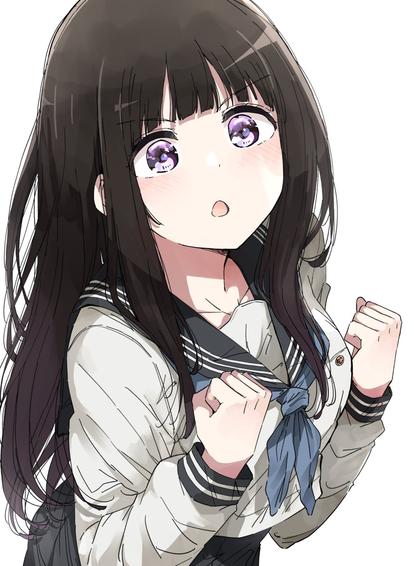 1girl black_hair black_sailor_collar black_skirt blue_neckerchief blush chestnut_mouth chitanda_eru clenched_hands commentary_request highres hyouka kamiyama_high_school_uniform_(hyouka) long_hair neckerchief nyoijizai open_mouth purple_eyes sailor_collar school_uniform serafuku shirt skirt solo white_shirt