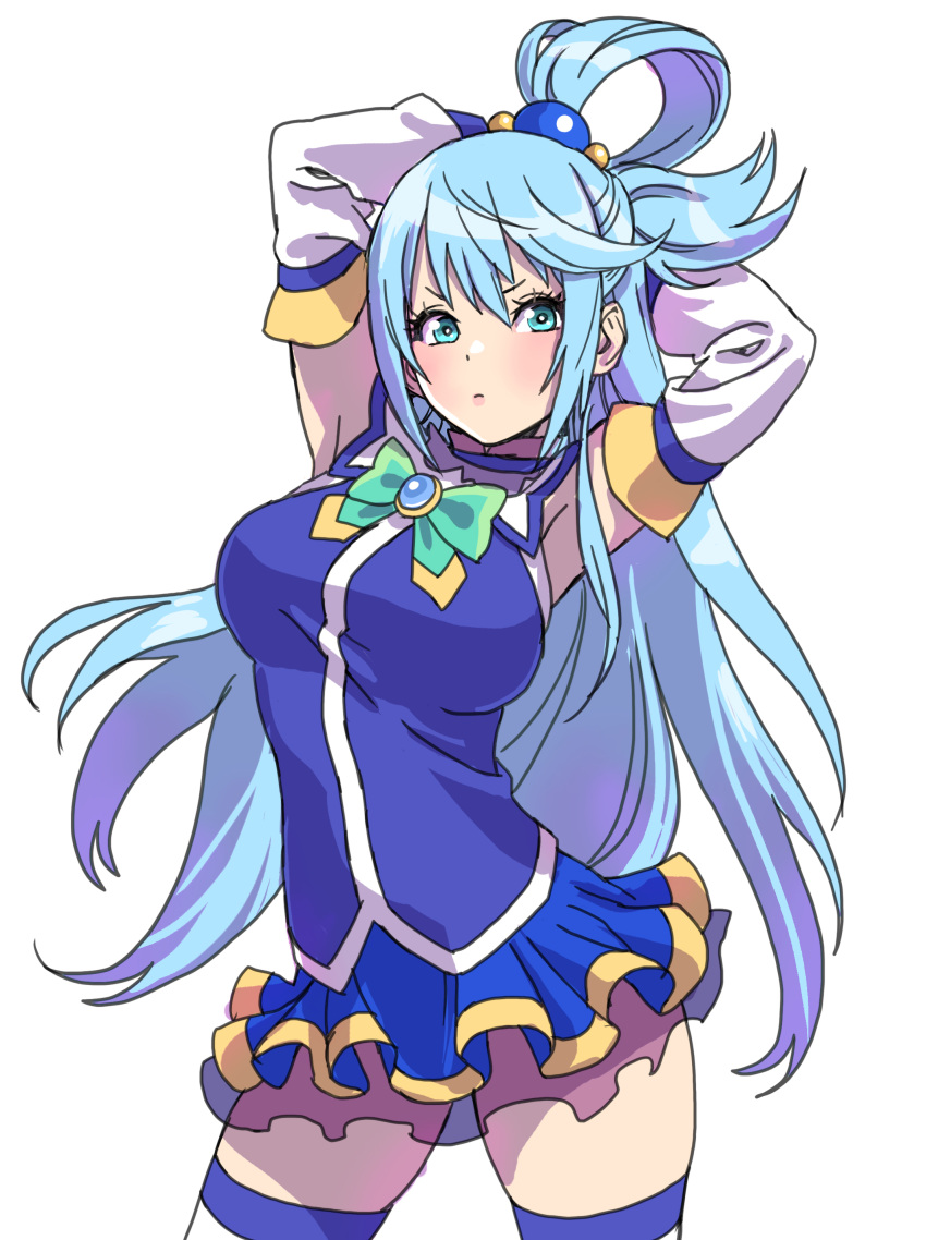 1girl absurdres aqua_(konosuba) aqua_eyes arched_back armpits arms_behind_head arms_up blue_eyes blue_hair blue_shirt blue_skirt blue_thighhighs blush bow breasts commentary_request cowboy_shot detached_sleeves green_bow hair_between_eyes hair_ornament hair_spread_out highres kono_subarashii_sekai_ni_shukufuku_wo! long_hair looking_at_viewer medium_breasts pleated_skirt revision see-through shirt simple_background skirt solo thighhighs v-shaped_eyebrows very_long_hair white_background yamashita_shun'ya