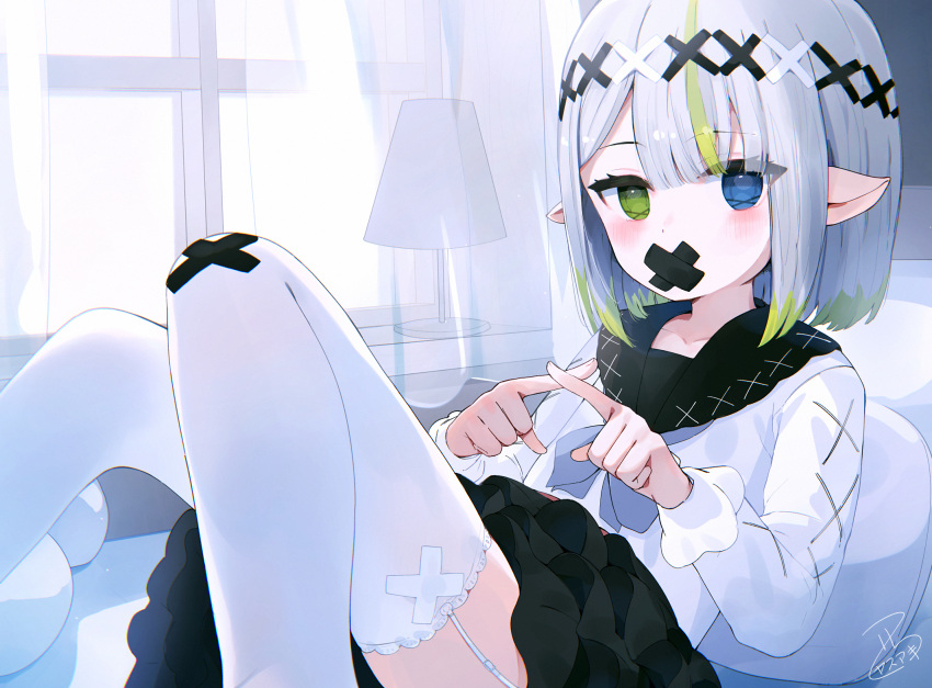 1girl bed black_sailor_collar black_skirt blue_eyes blush commentary_request copyright_request curtains day feet_out_of_frame garter_straps green_eyes green_hair grey_hair hair_ornament heterochromia highres indoors knees_together_feet_apart knees_up layered_skirt long_sleeves looking_at_viewer multicolored_hair nishi_yasuaki pillow pleated_skirt pointy_ears puffy_long_sleeves puffy_sleeves sailor_collar school_uniform serafuku shirt signature skirt solo streaked_hair sunlight thighhighs transparent white_shirt white_thighhighs window x_fingers x_hair_ornament