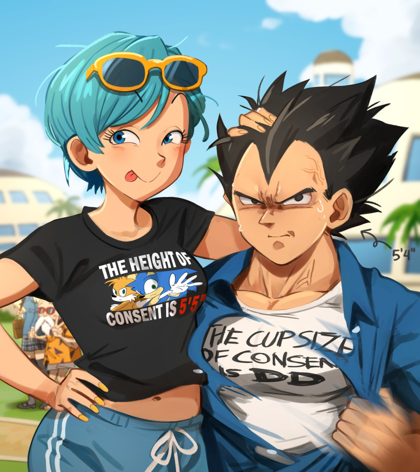 2boys 2girls :p absurdres aqua_hair arrow_(symbol) beard black_eyes black_hair black_shirt black_skirt blue_eyes blue_shirt blue_sky blurry blurry_background building bulma clothes_writing cloud commentary day dragon_ball dragon_ball_z english_commentary eyelashes facial_hair hand_on_another's_head highres khyle. looking_at_viewer midriff motion_blur multiple_boys multiple_girls muten_roushi navel orange_shirt plaid plaid_skirt red-framed_eyewear shirt skirt sky smile sonic_(series) sonic_the_hedgehog sunglasses tails_(sonic) tongue tongue_out upper_body v v-shaped_eyebrows vegeta white_shirt yellow-framed_eyewear