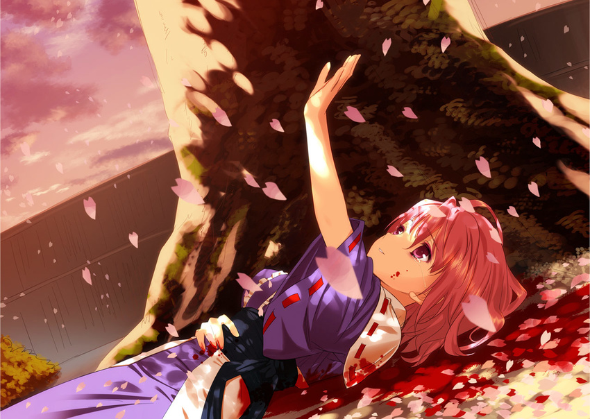 blood cherry_blossoms death dying injury japanese_clothes lying no_hat no_headwear on_back outstretched_arm outstretched_hand petals pink_hair reaching red_eyes saigyouji_yuyuko saigyouji_yuyuko_(living) short_hair smile solo suicide sunset tears touhou tree under_tree yasuyuki