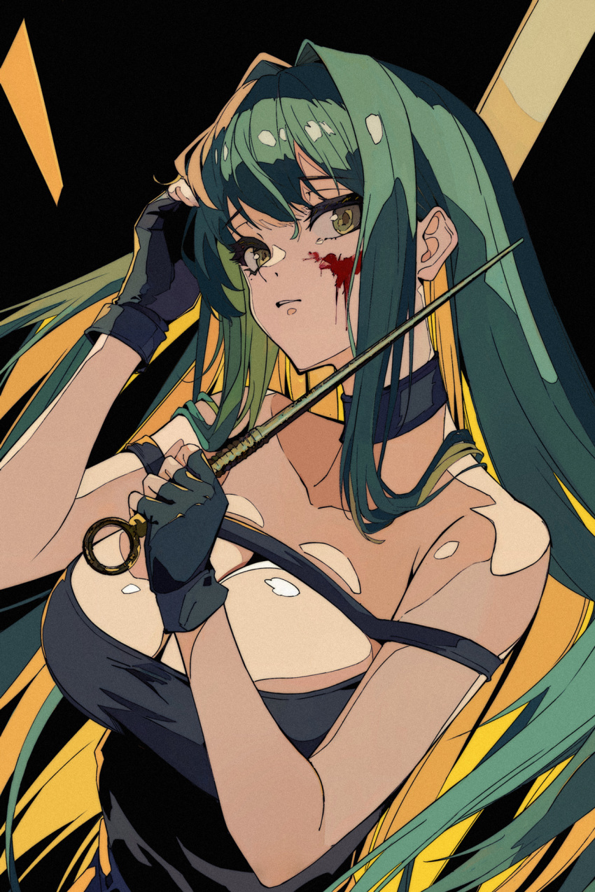 1girl adjusting_hair bare_arms bare_shoulders black_choker black_dress black_gloves blood blood_on_face breasts chinese_commentary choker cleavage collarbone colored_inner_hair commentary cosplay dagger dress fingerless_gloves gloves green_eyes green_hair hair_intakes hanying_(punishing:_gray_raven) head_tilt highres holding holding_weapon knife large_breasts long_hair looking_at_viewer mole mole_under_eye multicolored_hair punishing:_gray_raven sideways_glance solo stiletto_(weapon) upper_body wanlai_bu_shiman weapon yor_briar yor_briar_(cosplay)