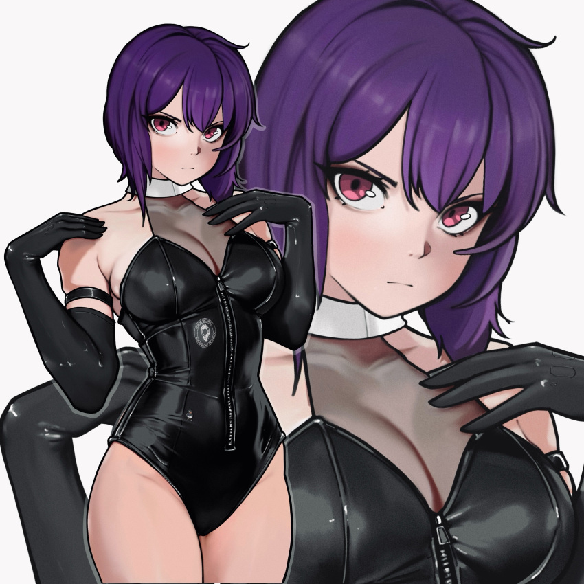 1girl absurdres artem_vitt black_gloves breasts cleavage closed_mouth elbow_gloves ghost_in_the_shell ghost_in_the_shell_stand_alone_complex gloves hair_between_eyes highres kusanagi_motoko leotard looking_at_viewer purple_eyes purple_hair russian_commentary short_hair simple_background solo translated white_background zipper_leotard zoom_layer