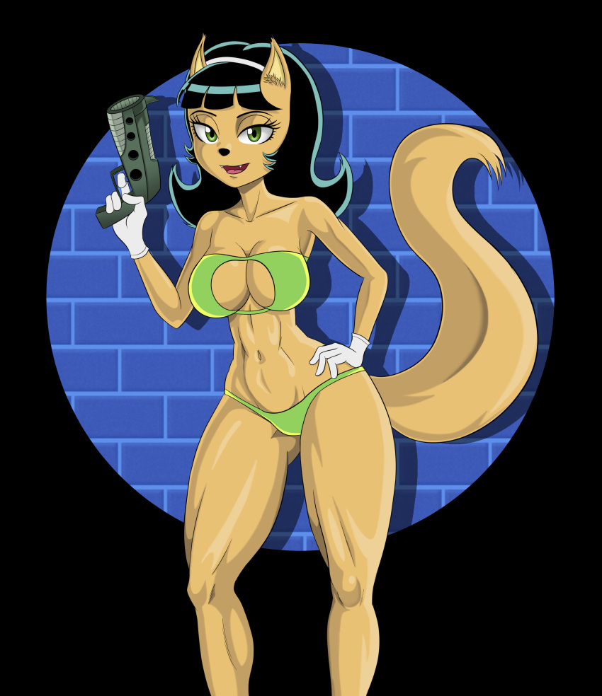 2024 abs absurd_res accessory anthro bikini bikini_thong bikini_top black_hair breasts cleavage cleavage_cutout clothed clothing colored cutout domestic_cat felid feline felis female gloves green_eyes gun hair hair_accessory hairband hand_on_hip handgun handwear haru4477 hi_res highlights_(coloring) kitty_katswell looking_at_viewer mammal muscular muscular_female nickelodeon pistol portrait ranged_weapon raygun shaded skimpy smile solo standing swimwear t.u.f.f._puppy tail tan_body three-quarter_portrait weapon