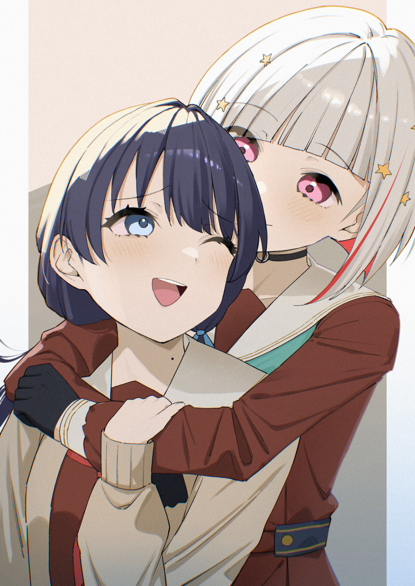 2girls absurdres asymmetrical_bangs black_choker black_gloves blue_eyes blue_hair blush brown_cardigan brown_dress cardigan choker commentary_request dollchestra dress furrowed_brow gloves green_neckerchief grey_hair hair_ornament hasu_no_sora_school_uniform highres holding_another's_wrist hug hug_from_behind link!_like!_love_live! long_hair long_sleeves looking_at_another love_live! masami_atabe mole mole_on_neck multicolored_hair multiple_girls murano_sayaka neckerchief one_eye_closed open_cardigan open_clothes open_mouth pink_eyes red_hair red_neckerchief sailor_collar school_uniform short_hair sidelocks star_(symbol) star_hair_ornament streaked_hair upper_body virtual_youtuber white_sailor_collar winter_uniform yugiri_tsuzuri