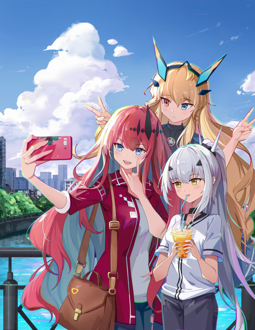 3girls :d :o \n/ absurdres bag baobhan_sith_(fate) barghest_(fate) black_pants blonde_hair blue_eyes blue_sky blush city cloud cup double_v drinking drinking_straw fate/grand_order fate_(series) hair_ornament hands_up heterochromia highres holding holding_phone jacket long_hair melusine_(fate) multiple_girls mxz_cube open_mouth outdoors pants parted_lips phone pink_hair ponytail red_eyes red_jacket selfie shirt shoulder_bag sidelocks sky smile v water white_hair white_shirt yellow_eyes