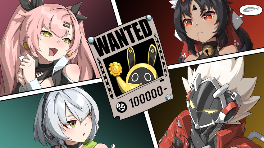 +_+ 1boy 3girls :d absurdres anby_demara bare_shoulders bell billy_kid black_hair clothing_cutout commentary_request dark_skin facial_mark fang forehead_mark green_eyes grey_hair hair_ornament hairclip highres jingle_bell long_hair mask mole mole_under_eye multiple_girls nekomiya_mana nicole_demara open_mouth parted_lips pink_hair shoulder_cutout skin_fang smile two_side_up wanted white_hair yan_(unicorn404) zenless_zone_zero