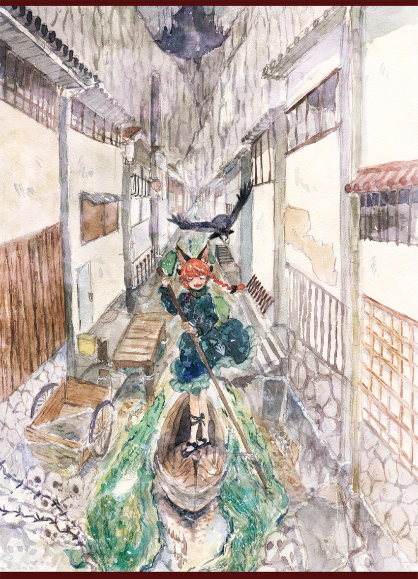 animal_ears bad_id bad_pixiv_id bird bow braid cat_ears gogo/tad gondola hair_bow highres kaenbyou_rin raven_(animal) red_hair solo touhou traditional_media twin_braids watercolor_(medium)