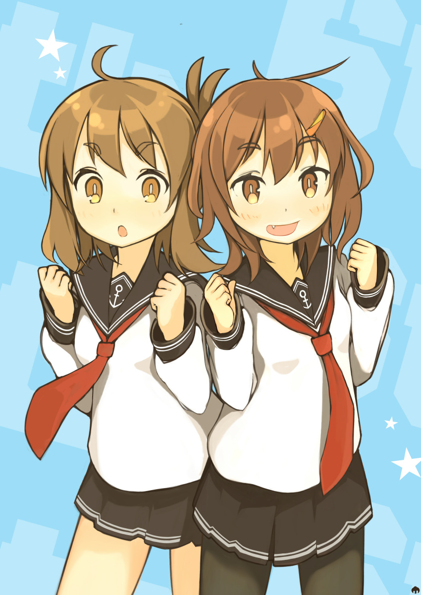 2girls absurdres anchor_symbol black_pantyhose black_sailor_collar black_skirt blush brown_eyes brown_hair clenched_hands fang folded_ponytail hair_ornament hairclip highres ikazuchi_(kancolle) inazuma_(kancolle) kantai_collection long_sleeves looking_at_viewer matsuge916 multiple_girls neckerchief open_mouth pantyhose pleated_skirt red_neckerchief sailor_collar school_uniform serafuku simple_background skirt star_(symbol)