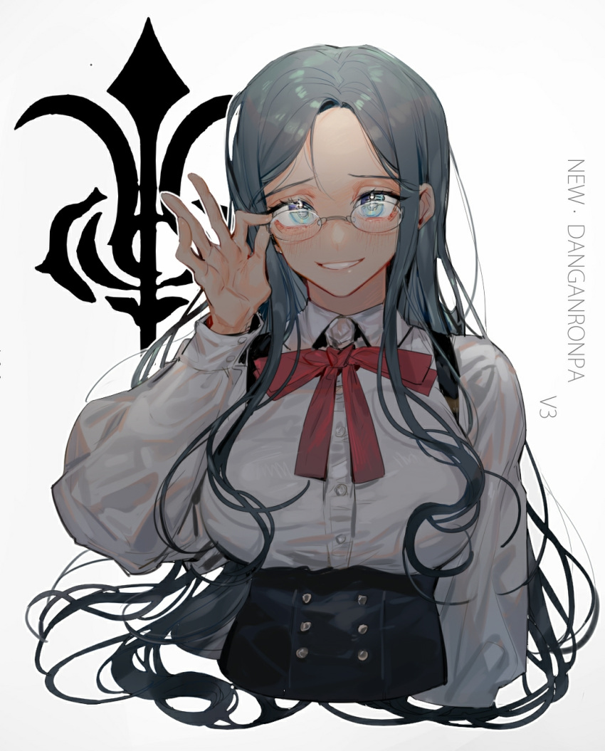 1girl adjusting_eyewear black_corset blue_eyes blue_hair bow bowtie breasts buttons chinese_commentary collared_shirt commentary_request copyright_name corset cropped_torso danganronpa_(series) danganronpa_v3:_killing_harmony eyelashes glasses grin hand_on_eyewear highres huge_breasts long_hair long_sleeves looking_at_viewer orange_bow orange_bowtie round_eyewear shirogane_tsumugi shirt simple_background smile solo straight-on tian_(my_dear) very_long_hair white_background white_shirt white_sleeves