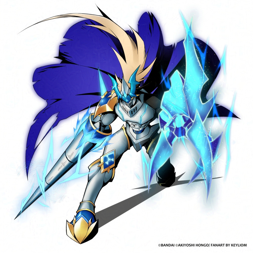 alternate_costume armor aura blonde_hair blue_cape cape digimon dukemon electricity full_body highres holding holding_polearm holding_weapon keyliom knight long_hair polearm shoulder_armor simple_background spikes torn_cape torn_clothes weapon white_armor white_background