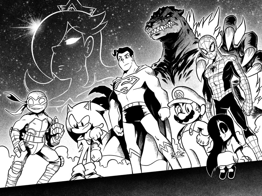 2girls 5boys animal_ears animal_nose black_hair black_sclera blue_bodysuit blue_eyes blue_fur bodysuit brandon_santiago cape colored_sclera crossover crown dc_comics dress earrings facial_hair furry furry_male giant giant_monster gloves godzilla godzilla_(series) green_eyes greyscale hair_over_one_eye hedgehog hedgehog_ears hedgehog_tail highres holding holding_nunchaku holding_weapon jewelry kaijuu long_hair mario mario_(series) marvel mask michelangelo_(tmnt) monochrome monster multiple_boys multiple_girls muscular muscular_male mustache ninja nunchaku off-shoulder_dress off_shoulder print_bodysuit red_bodysuit red_cape red_footwear reptile_boy rosalina sharp_teeth shirt short_hair smile sonic_(series) sonic_the_hedgehog spider-man spider-man_(series) spider_web_print spines super_mario_galaxy superhero_costume superman superman_(series) teenage_mutant_ninja_turtles teeth turtle turtle_boy turtle_shell two-tone_bodysuit weapon white_eyes white_gloves