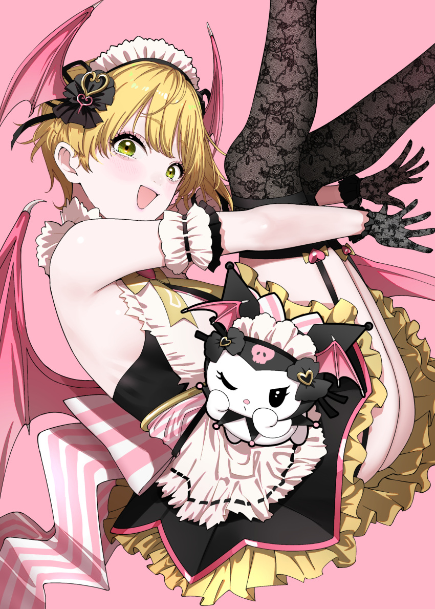 1girl aegyo_sal alternate_costume arm_garter ass back_bow black_gloves black_thighhighs blonde_hair blush bow breasts crossover demon_wings dress enmaided garter_straps gloves head_wings highres idolmaster idolmaster_cinderella_girls kuromi lace lace_gloves lace_thighhighs looking_at_viewer looking_to_the_side maid maid_headdress maou_(demonlord) medium_breasts miyamoto_frederica onegai_my_melody pink_background sanrio short_hair simple_background sleeveless sleeveless_dress smile solo thighhighs wings