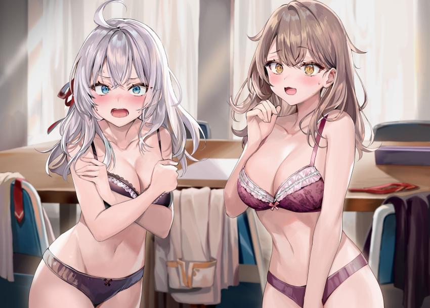 2girls :3 :d absurdres ahoge alisa_mikhailovna_kujou bare_arms bare_shoulders black_bra black_panties blue_eyes blush bra breast_hold breasts brown_hair cleavage commentary_request covering_breasts covering_privates cowboy_shot crossed_bangs curtains embarrassed groin hair_ribbon hand_up highres indoors large_breasts lingerie long_hair looking_at_viewer mariya_mikhailovna_kujou momoko_(momopoco) multiple_girls navel novel_illustration official_art open_mouth panties purple_bra purple_panties raised_eyebrow red_bra red_panties ribbon second-party_source siblings sisters small_sweatdrop smile standing stomach thighhighs tokidoki_bosotto_roshia-go_de_dereru_tonari_no_arya-san underwear underwear_only undressing unworn_shirt white_hair yellow_eyes