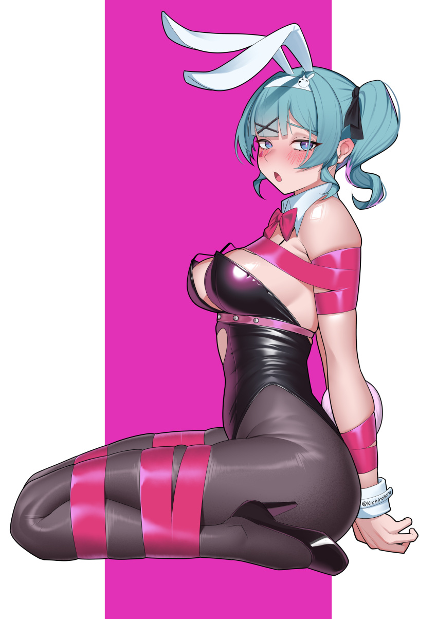 :o absurdres animal_ears arm_ribbon arm_strap arms_behind_back black_leotard black_ribbon blue_eyes blue_hair blush bound bound_arms bow bowtie breasts clothing_cutout detached_collar from_side full_body hair_ribbon hairband haruse_(kichiroharuse) hatsune_miku heart_cutout high_heels highres leotard looking_at_viewer medium_breasts medium_hair o-ring o-ring_thigh_strap open_mouth pink_background pink_ribbon rabbit_ears rabbit_girl rabbit_hole_(vocaloid) red_bow red_bowtie ribbon sitting spaghetti_strap thigh_strap thighs twintails vocaloid white_hairband