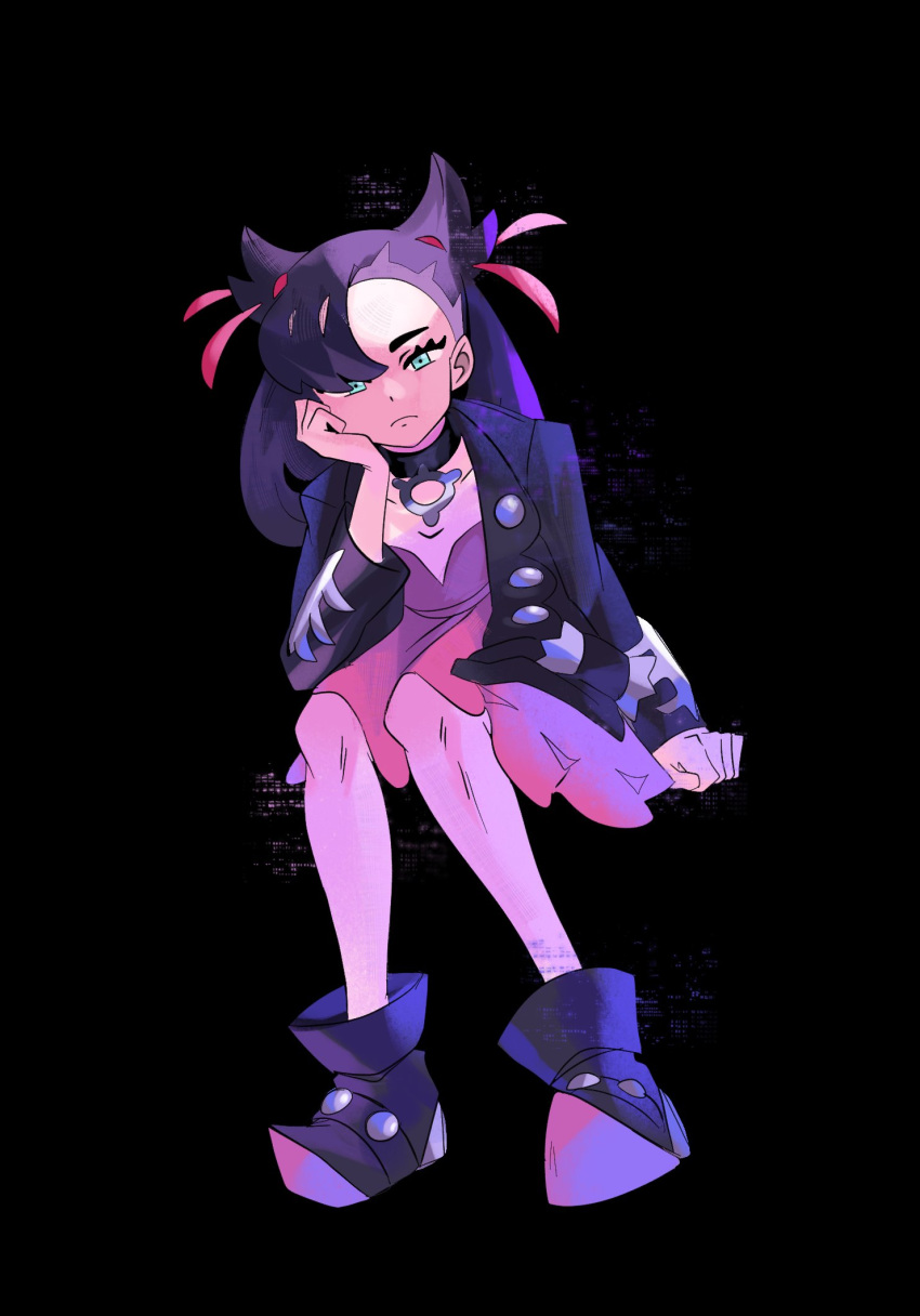 1girl arm_support asymmetrical_bangs black_collar black_footwear black_jacket boots closed_mouth collar collarbone commentary dress eyelashes frown full_body green_eyes hair_ribbon head_rest highres invisible_chair jacket knees long_sleeves marnie_(marnielovesyou) marnie_(pokemon) pink_ribbon pokemon pokemon_swsh ribbon sitting solo twintails